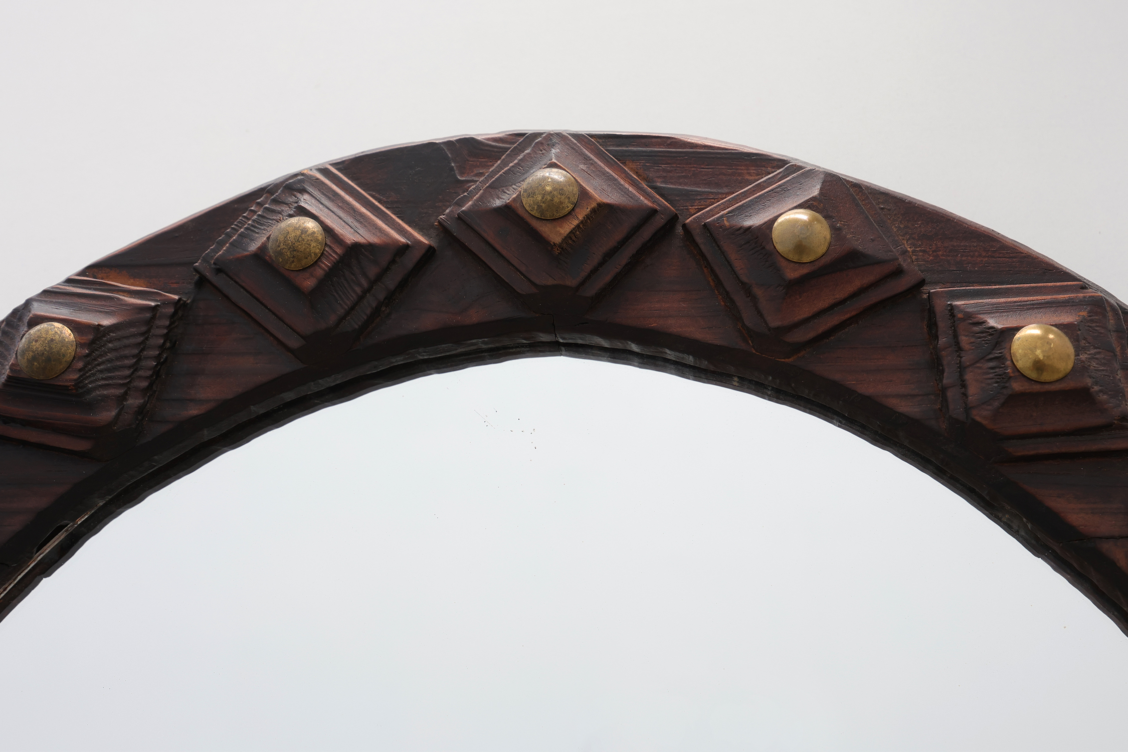 Spanish Brutalist Oval Mirror in Hand-Carved Wood with Brass Studs, 20th Centurythumbnail